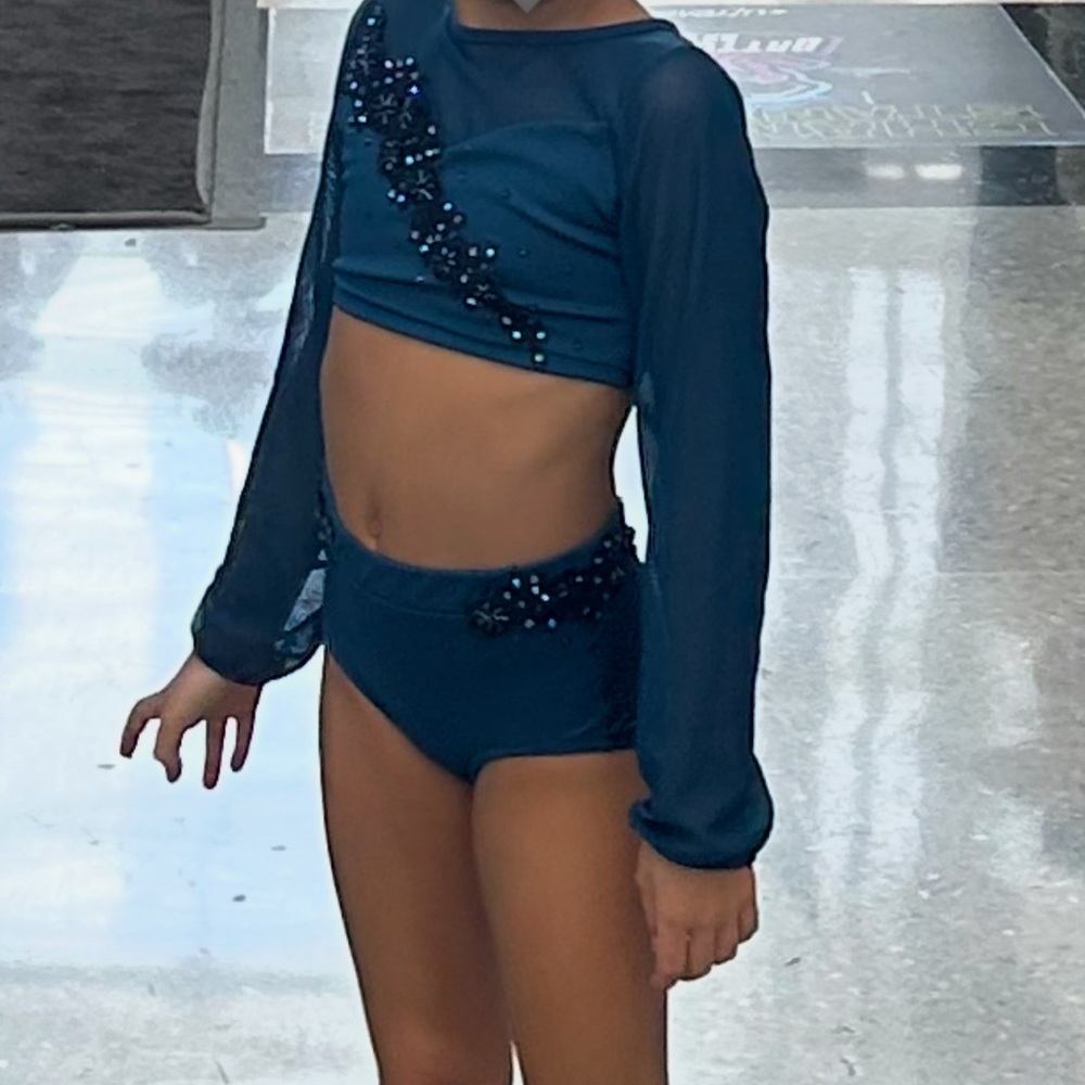 Dark Teal Blue Long Sleeve 2 Piece Contemporary Lyrical Custom Dance Costume